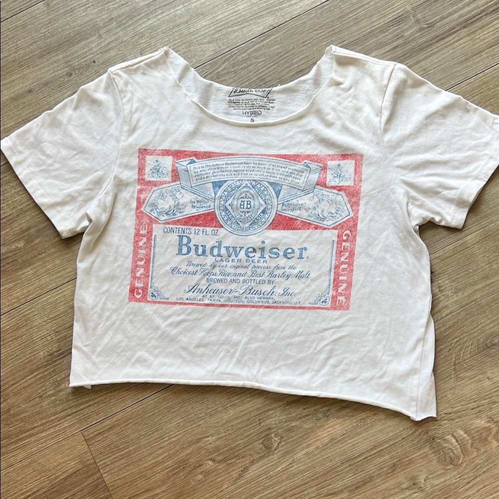 Budweiser White Crop Tee with Red and Blue Label Graphic